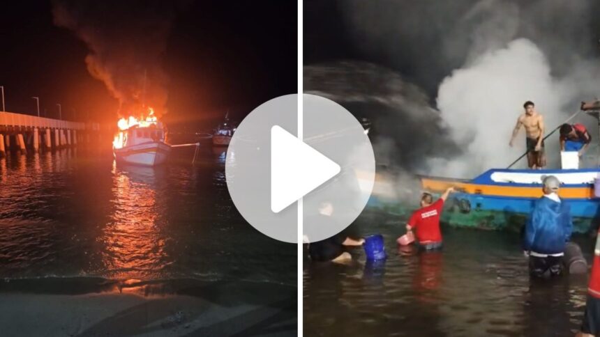 incendio-destroi-90%-de-barco-de-pesca-em-penha;-video-mostra-moradores-e-pescadores-combatendo-as-chamas