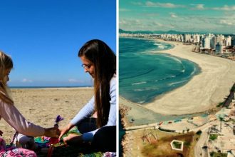 banhistas-aproveitam-alargamento-milionario-de-70-metros-de-orla-que-desaparecia-em-sc:-cansa-so-de-vir-do-deck-ate-a-praia