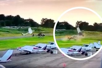 aviao-colide-com-helicoptero-da-policia:-video-de-camera-de-seguranca-flagra-momento-exato-do-impacto-em-aeroporto-de-carlisle,-nos-eua